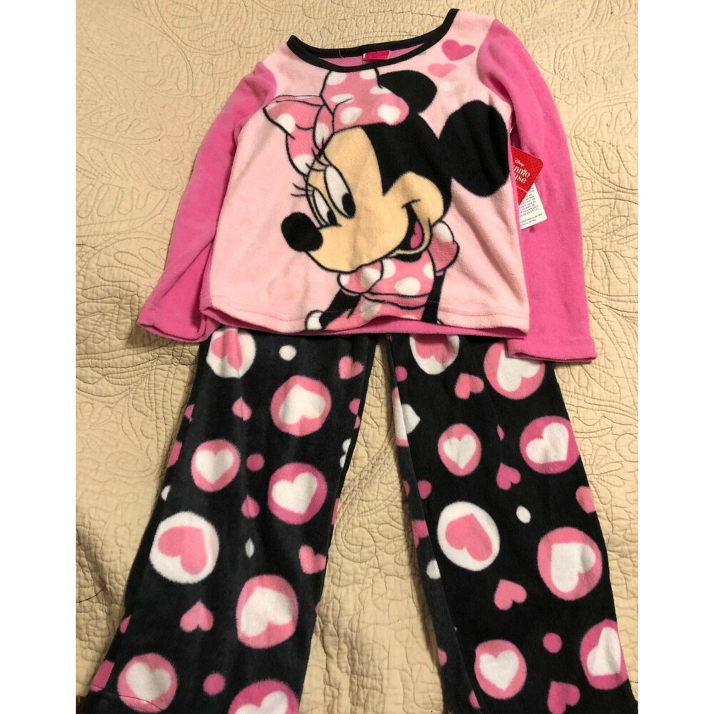 Girls Minnie Mouse Pink/Black Fleece Pj Set Size S NWT B2